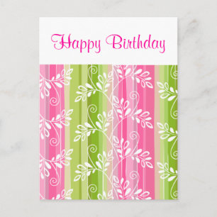 Grüne rosa Blumen Streifen Happy Birthday Postkart Postkarte