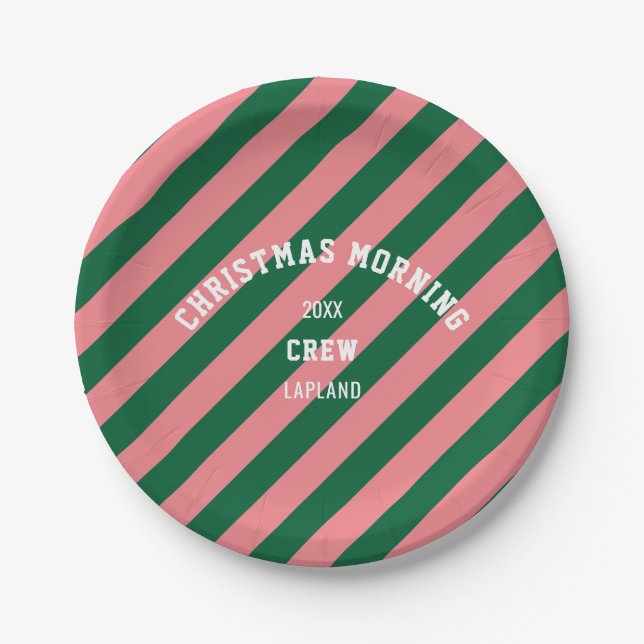 Grüne Rosa Candy Strip Weihnachtsvormittag Crew Pappteller (Vorderseite)