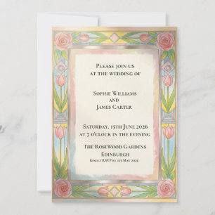 Grüne rosa Tulpen Art Nouveau Hochzeitseinladung Einladung