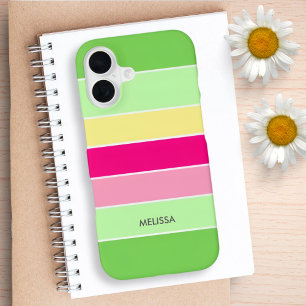 Grüne, rosa und gelbe Streifen Monogramm-Handyhüll iPhone 16 Hülle