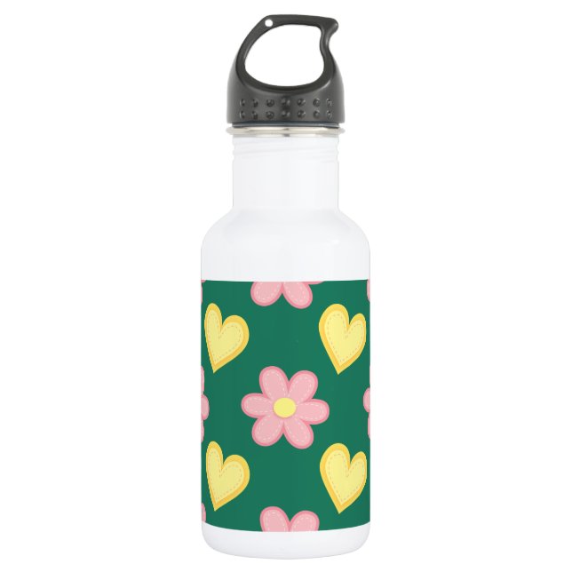 Grüne, rosa und gelbstickte Herzen und Blume Edelstahlflasche (Vorderseite)
