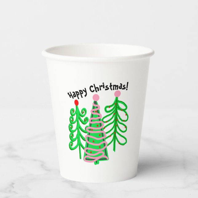 Grüne, rosa Weihnachtsbaumen Pappbecher (Vorderseite)