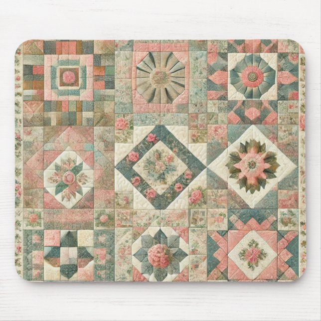 Grüne Rosafarben-Rosa-Patchwork-Blumenmuster-Stegk Mousepad (Vorne)
