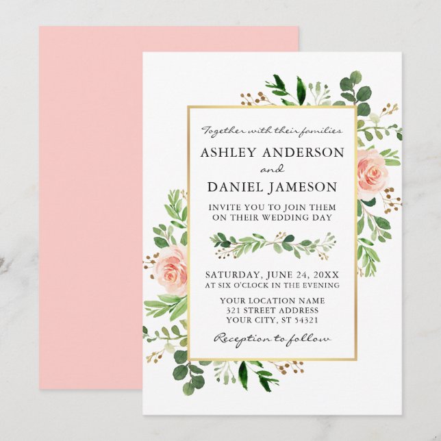 Grüne Rose Aquarell Rosa Blush Hochzeit Einladung (Vorne/Hinten)