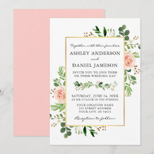Grüne Rose Aquarell Rosa Blush Hochzeit Einladung