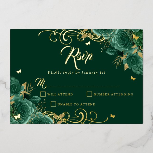 Grüne Rose Blumengoldwirbel Gold Quinceanera Folieneinladung (Vorderseite)