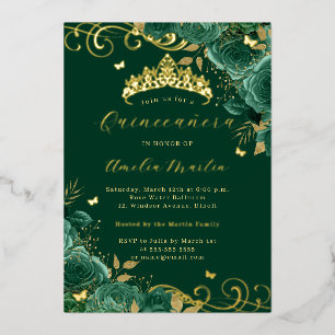 Grüne Rose Blumengoldwirl Quinceanera Folieneinladung