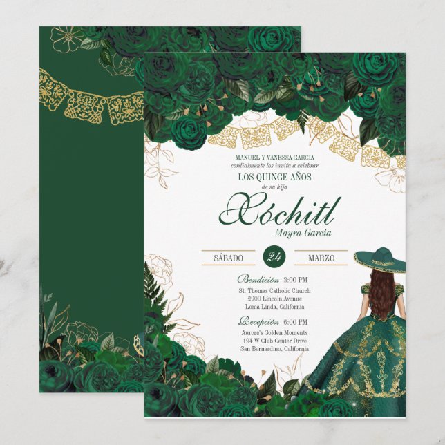 Grüne Rose Elegante Emerald Charro Quinceanera Einladung (Vorne/Hinten)