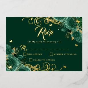 Grüne Rose Floral Gold Swirl Gold Quinceanera  Folieneinladung