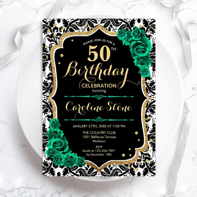 Grüne Rose Gold Black Damask 50. Geburtstag Einladung (Von Creator hochgeladen)