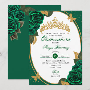 Grüne Rose Gold Glitzer Butterfly Quinceañera Einladung