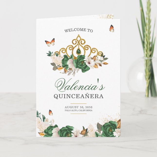 Grüne Rose Gold Tiara Butterfly Quinceanera Programm (Vorderseite)