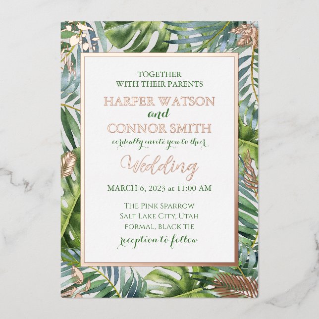 Grüne Rose Goldfolie Blätter Hochzeit Folieneinladung (Vorderseite)