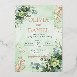 Grüne Rose Goldfolie Blätter Hochzeit Folieneinladung