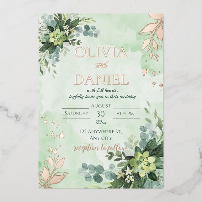 Grüne Rose Goldfolie Blätter Hochzeit Folieneinladung (Vorderseite)