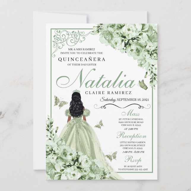 Grüne Rose Princess Dress Tiara Quinceanera Einladung (Vorderseite)