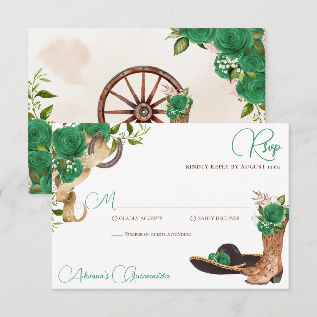 Grüne Rose Rustikaler Charro Western Quinceanera RSVP Karte (Vorne/Hinten)