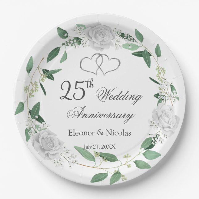Grüne Rosen 25. Hochzeitstag Pappteller (Vorderseite)