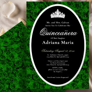 Grüne Rosen Elegante Silber Blumen Quinceanera Folieneinladung