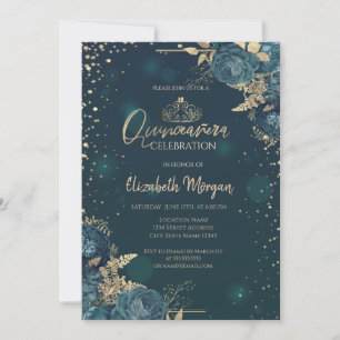 Grüne Rosen, goldene Tiara, Diamanten Quinceañera Einladung