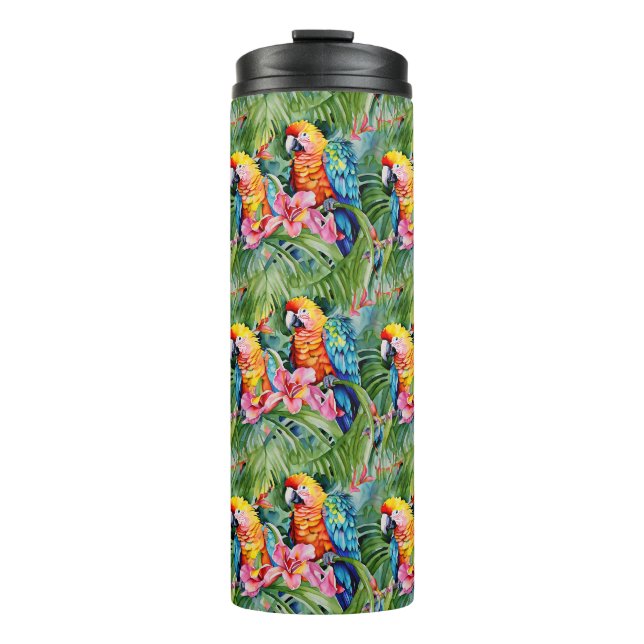 Grüne, rote, blaue Papageien und tropische Blume Thermosbecher (Vorderseite)