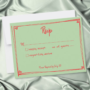 Grüne rote handgezeichnete Herz Whimsical-Hochzeit RSVP Karte