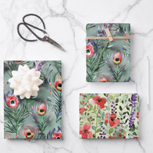 Grüne rote Pfauenfedern Blumen Geburtstag Geschenkpapier Set