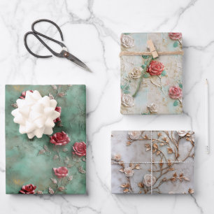 Grüne Rote Rosen Geschenkpapier Set