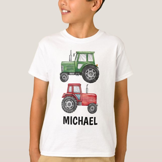 Grüne rote Traktorfarm Wasserfarbe Personalisiert T-Shirt (Vorderseite)