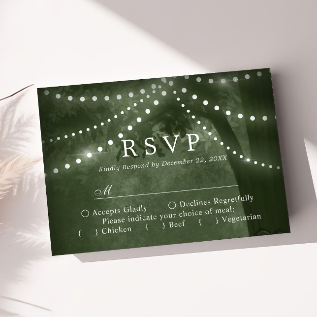 Grüne Rustikale Baumlichter Hochzeit RSVP Karte (Von Creator hochgeladen)