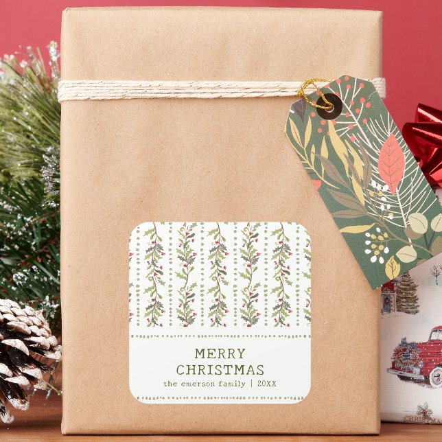 Grüne Rustikale Botanische Weihnachtsaufkleber Quadratischer Aufkleber (Holiday White and Green Rustic Botanical Christmas Stickers by Painted Paperie
)