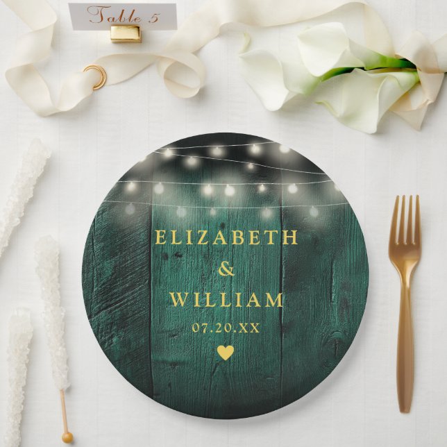 Grüne Rustikale Holz Boho Barn String Lights Hochz Pappteller (Hochzeit)