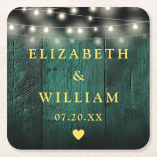 Grüne Rustikale Holz Boho Barn String Lights Hochz Rechteckiger Pappuntersetzer