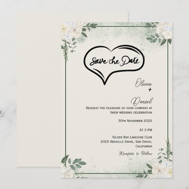 Grüne Rustikale Save the Date Einladung (Vorne/Hinten)