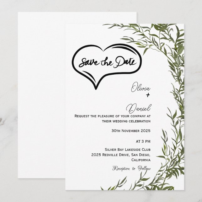 Grüne Rustikale Save the Date Einladung (Vorne/Hinten)