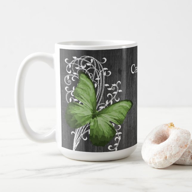 Grüne rustikale Schmetterling Personalisierte Kaff Kaffeetasse (Mit Donut)