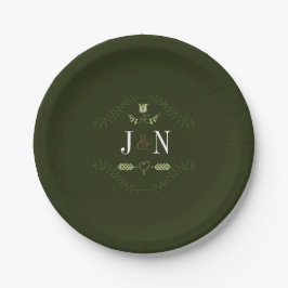 Grüne Rustikale Wald Hochzeitsmonogramm Pappteller