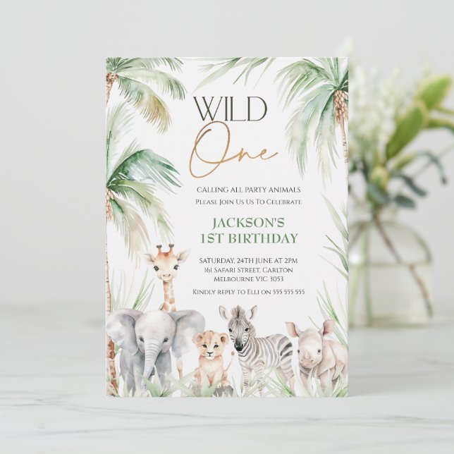 Grüne Safari Tiere Wild 1 1. Geburtstag Einladung (Stehend Vorderseite)