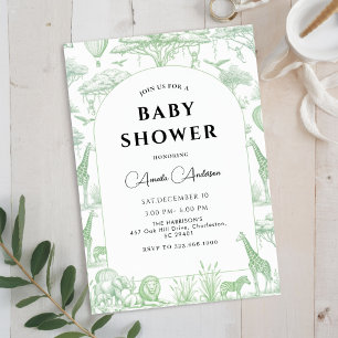 Grüne Safari-Toile-de-Jouy-Jungen-Baby-Party  Einladung