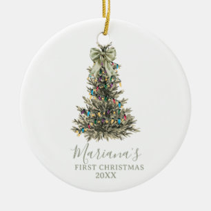 Grüne Salbei-Bogen-Kiefernbäume erstes Weihnachten Keramik Ornament