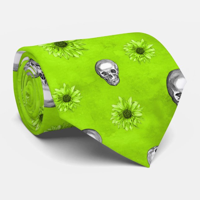Grüne Schädel und Sonnenblumen, Design 1 Krawatte (Gerollt)