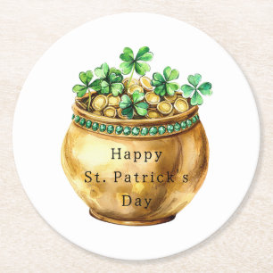 Grüne Schale Goldkleeblätter St. Patrick's Day   Runder Pappuntersetzer