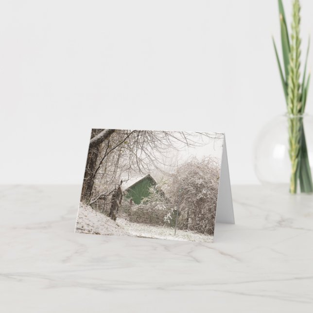 Grüne Scheune im Schnee Dankeskarte (Vorderseite)