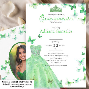 Grüne Schmetterlinge Kleid Tiara Foto Quinceanera Einladung