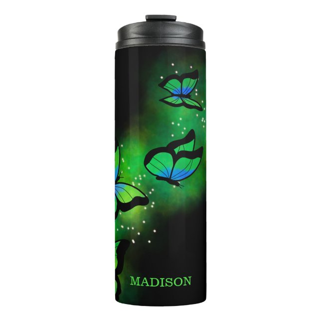 Grüne Schmetterlinge Thermosbecher (Vorderseite)