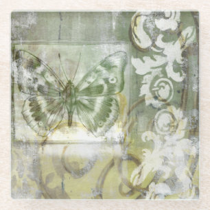 Grüne Schmetterlings-Einfügung mit Ironwork-Tor Glasuntersetzer