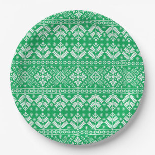 Grüne Schneeflocke & Florale Fair Isle Weihnachten Pappteller
