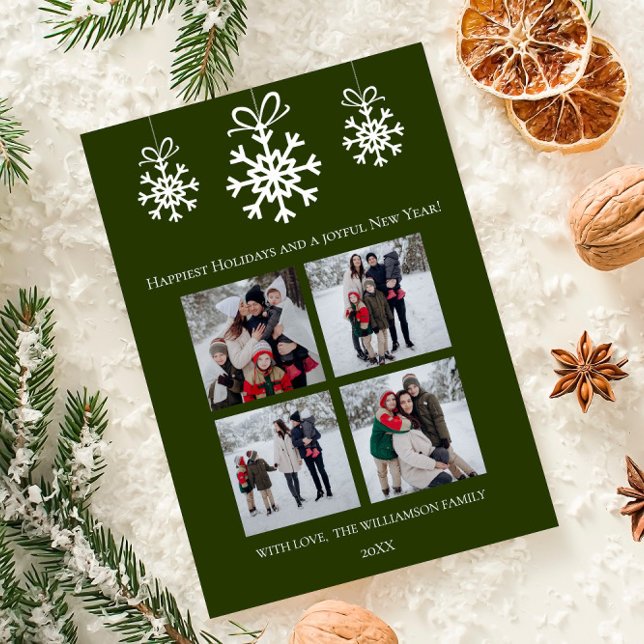 Grüne Schneeflocken Ornamente FotoCollage Feiertagskarte (Green Snowflake Ornaments Photo Collage Holiday Card)