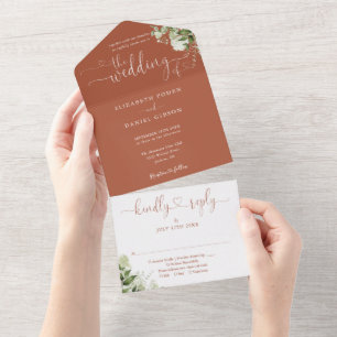 Grüne Schrift Herz Terrakotta Hochzeit All In One Einladung