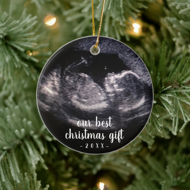 Grüne Schwangerschaft offenbart Ultrasound Foto We Keramik Ornament (Baum)